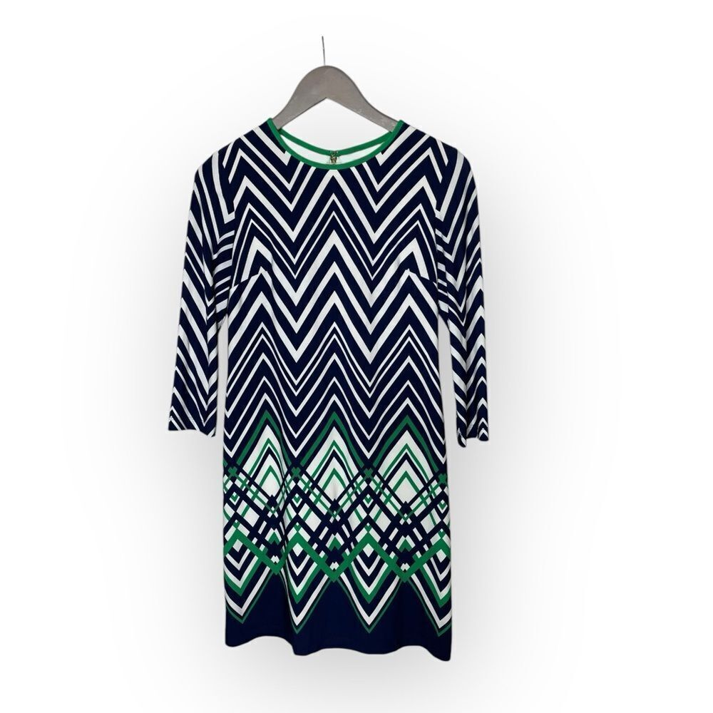 Eliza J. Jersey Dress Navy Blue White Chevron Pattern Shift Size 2